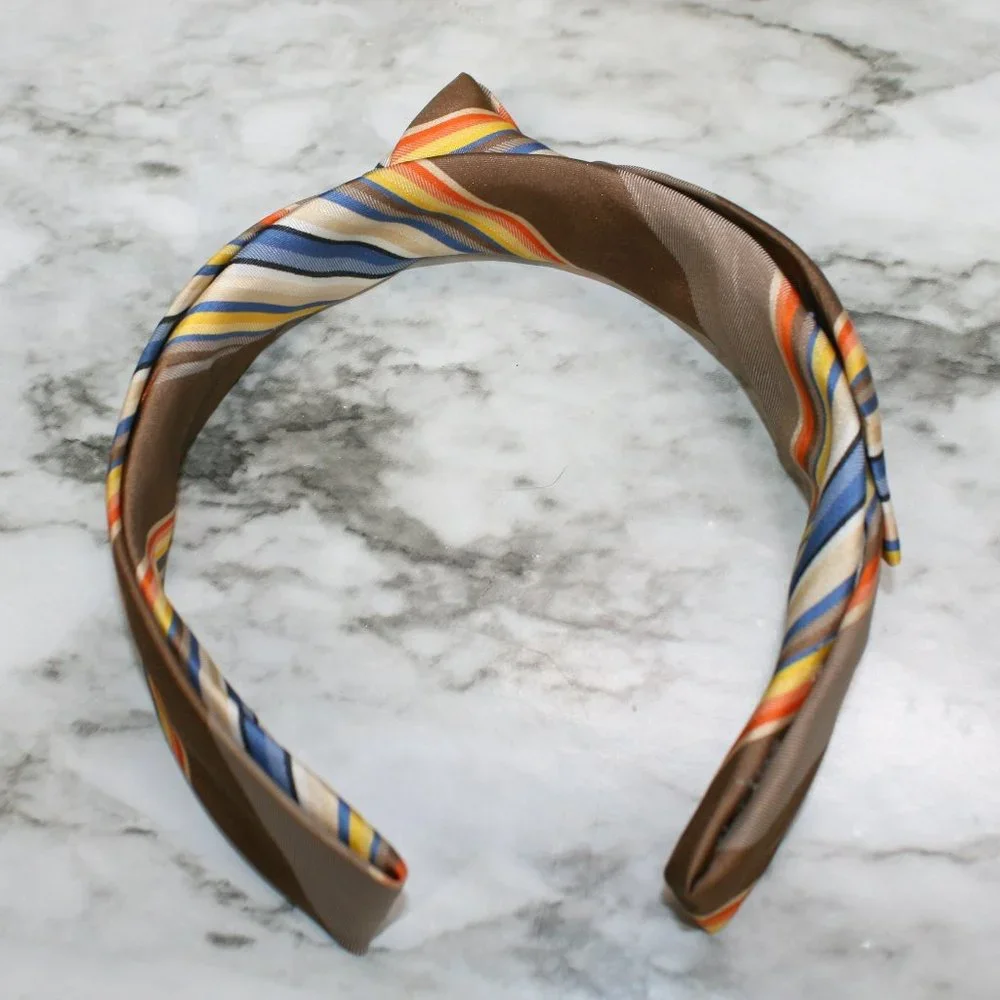 HAND CRAFTED Brown Orange Knotted Headband Repurposed Stripe Necktie Hair Band